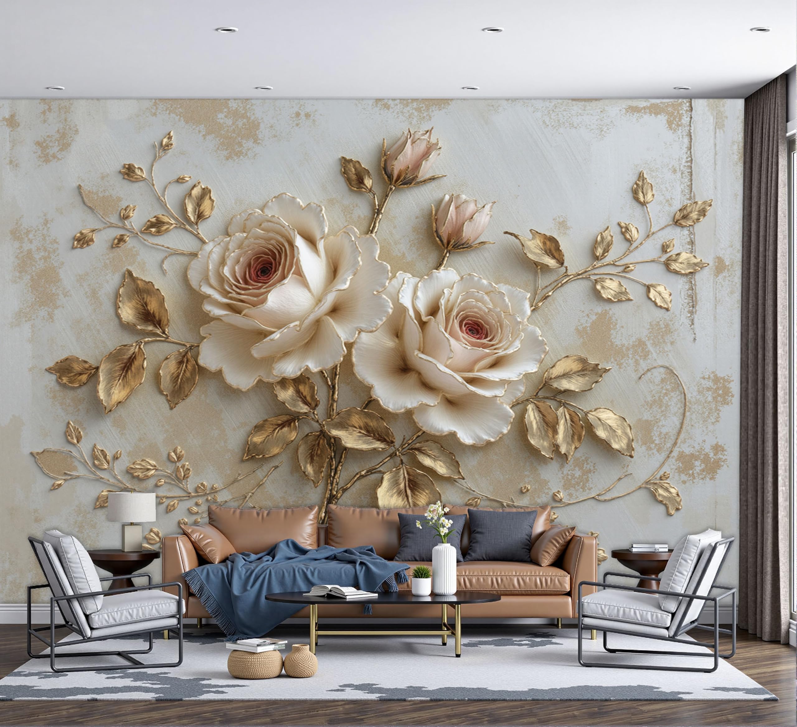 Relief Art Murals, White Roses Golden Leaves Wall Mural Wallpaper, Beige Wallpaper for Bedroom Living Room Decor 400 × 280 Cm (Not Self-Adhesive)