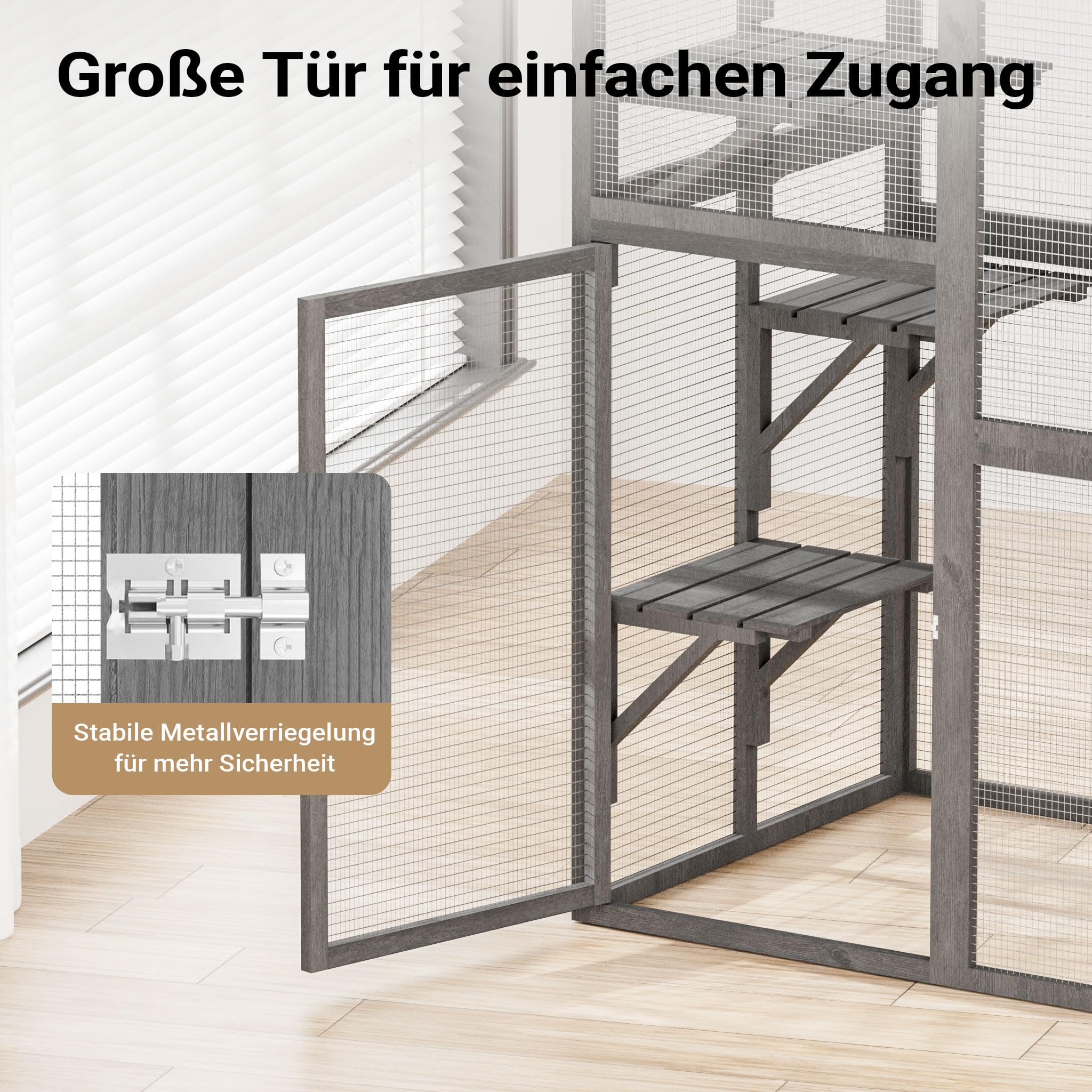 Wiltec Freilaufgehege Katzen 116 x 82 x 175,7 cm, Katzenfreigehege Holz mit PVC-Beschichtung, Außengehege 5 Ebenen, Katzengehege für Garten, Balkon