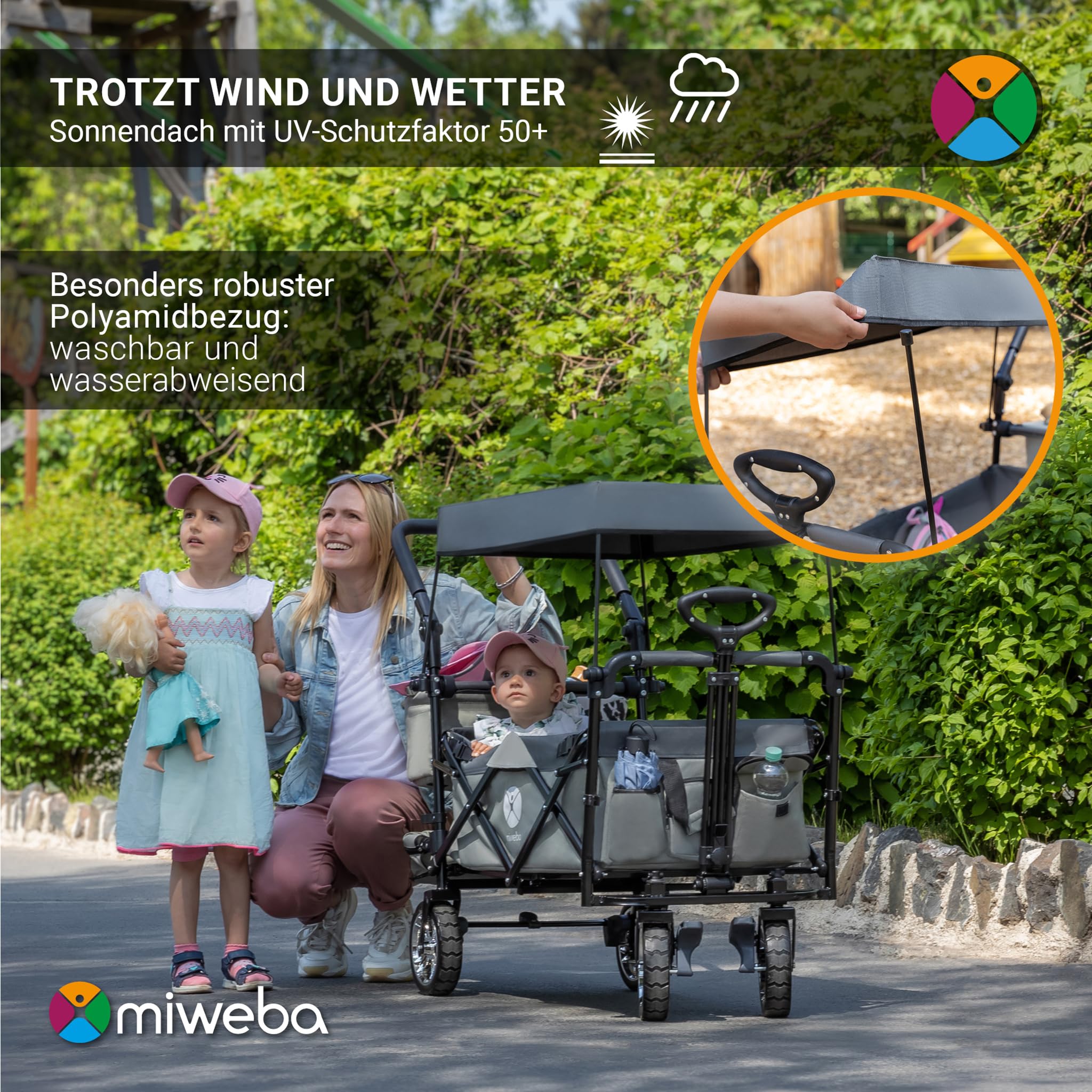 Miweba Faltbarer Bollerwagen MB-20 | Sonnendach UV-beständig - 2X Anschnallgurte - Transportwagen für Kinder - Traglast 100 Kg - Wagen - Feststellbremse - Hartgummireifen (Grau)