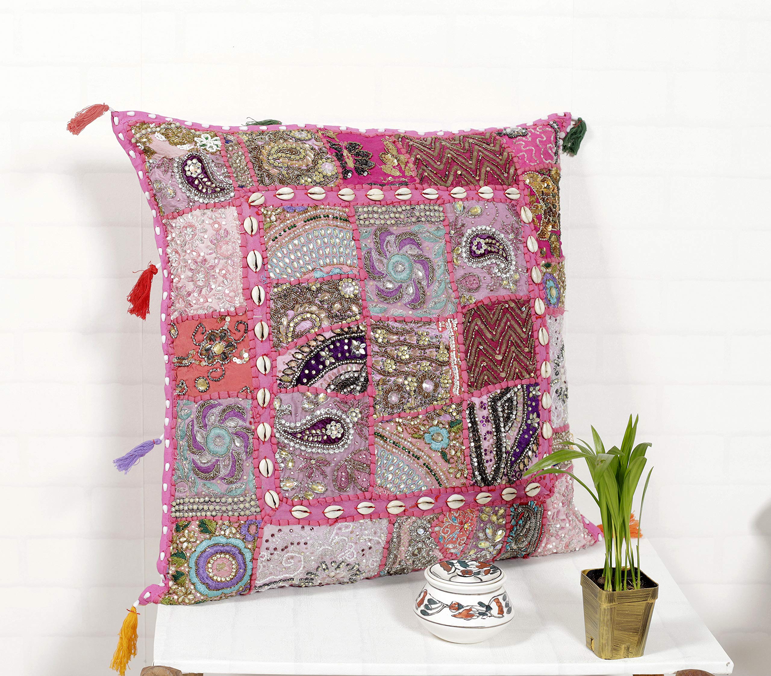 Handicraft-Palace Cotton Sequin Embroidery Square Floor Pillow Cushion Cover (24" X 24" Inch, Pink)