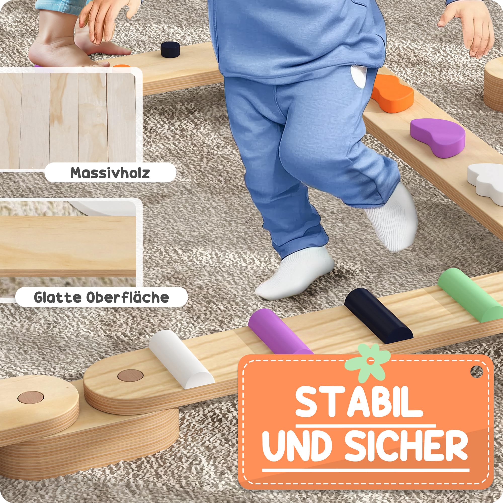 AIYAPLAY Balancierbalken Kinder Holz Schwebebalken 6 Balanciersteine | Kleinkinder, Bunte Hindernissteine, Montessori Spielzeug, Drinnen Draußen, Balance Board, für Koordination, ab 3-8 Jahre