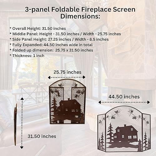Miniatura 3 de BestGiftEver Pantalla decorativa para chimenea de 3 paneles con diseño de cono de pino de cabaña de casa, cubierta de chimenea, pantalla de malla de