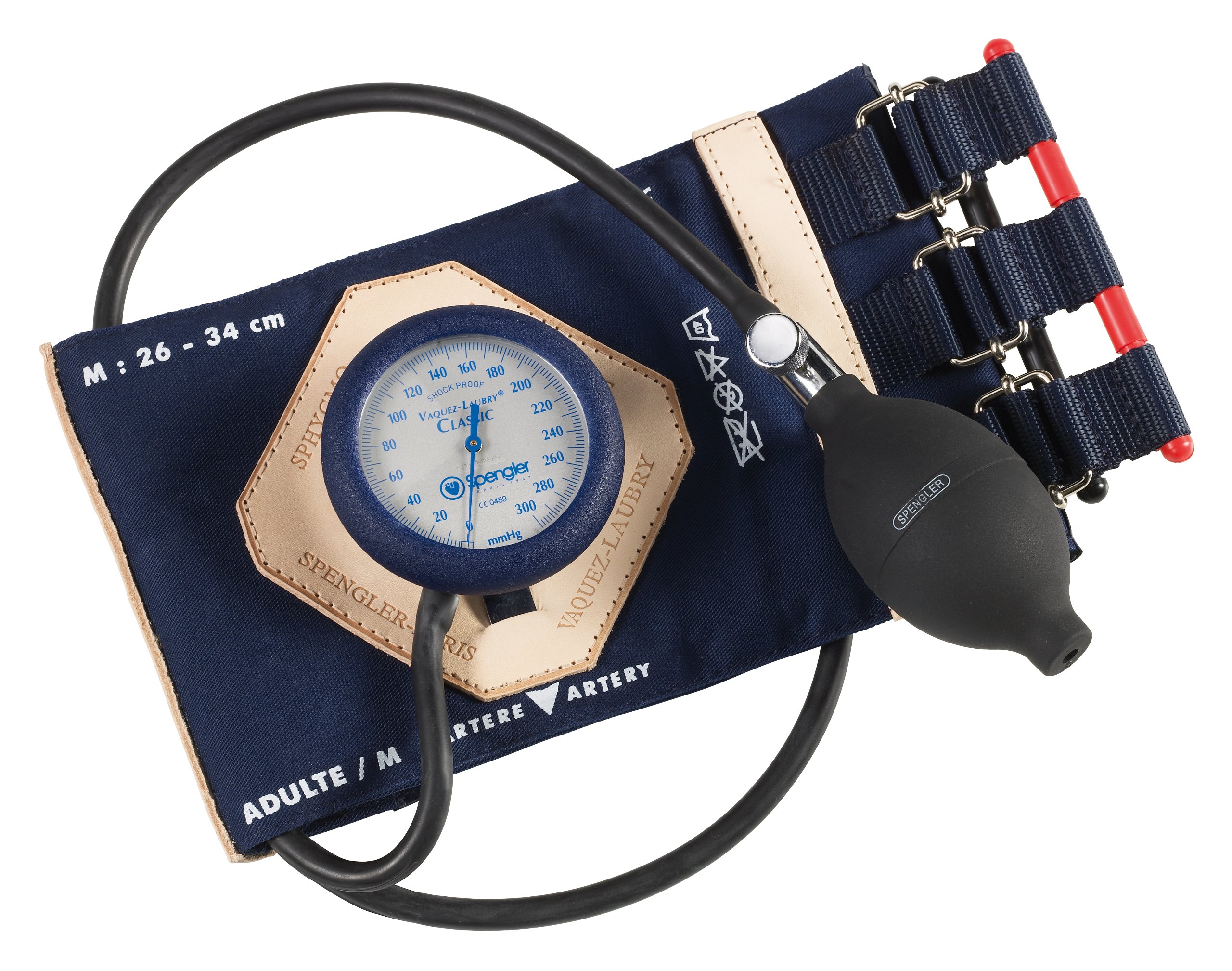 Spengler Vaquez-Laubry Classic - Tensiómetro con brazalete para adultos (con correas, algodón, talla M), color azul marino