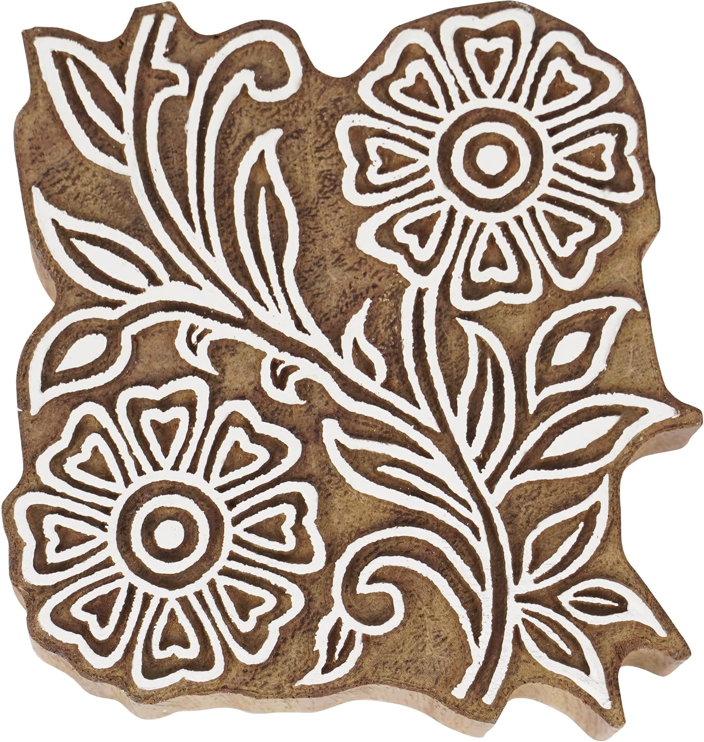 Textile Printing Block Flower Hand Carved Wooden Stamp Wood Block Printing Textile Stamps for Fabric/Pottery Blocks,6 Inch
