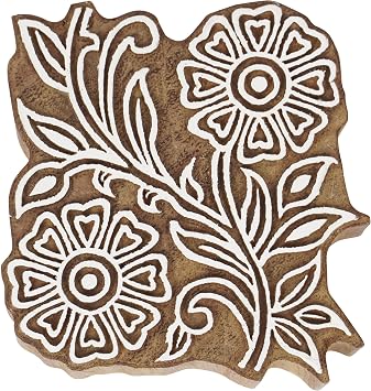 Textile Printing Block Flower Hand Carved Wooden Stamp Wood Block Printing Textile Stamps for Fabric/Pottery Blocks,5 Inch