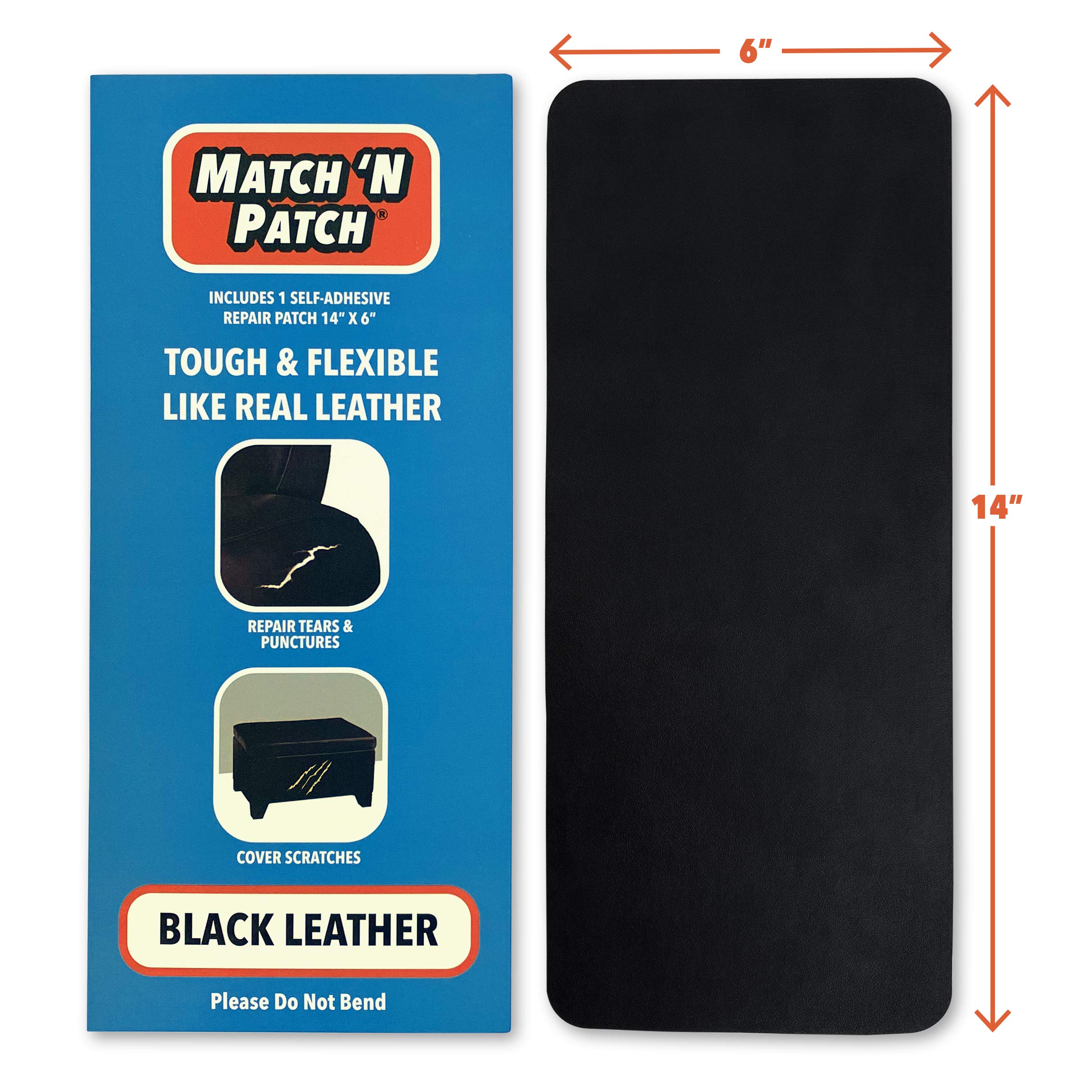 MATCH 'N PATCH Realistic Leather Repair Patch - Durable, Easy-to-Apply, Professional Grade, Versatile, Designed in North Carolina for Furniture Restoration, Home Decor & DIY - Black, 14 inch x 6 inch