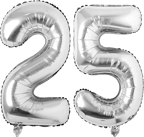 Globos de número 25 plateados, gigantes, gigantes, grandes, de papel de aluminio de Mylar para mujeres y hombres, suministros de fiesta, globos de