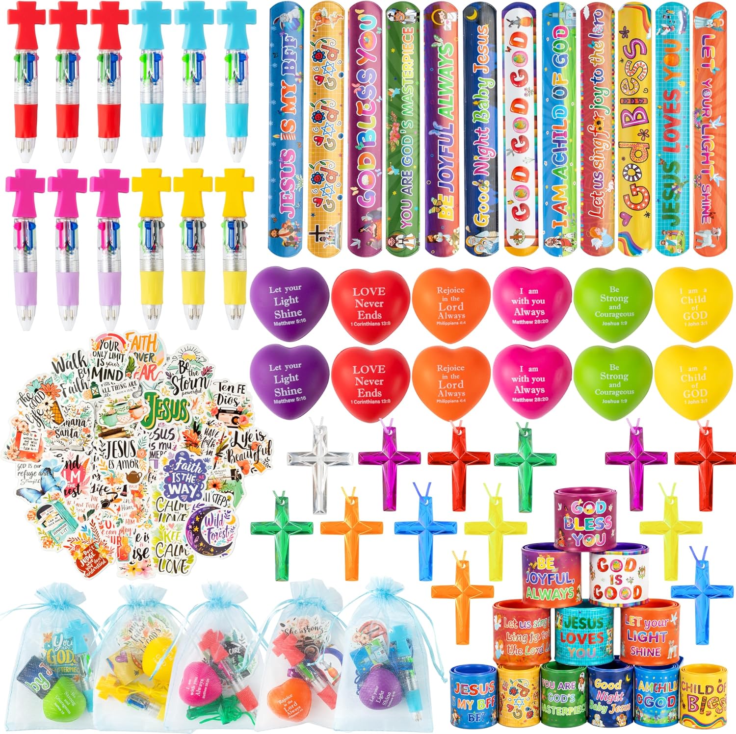 CY2SIDE Christian Party Favors for Kids - 12 Set Christian Bible Verse Squeeze Toy Party Gifts with Cross Necklace Sticker Slap Bracelet Pen Goodie Bag Stuffers for VBS Sunday School Classroom Rewards