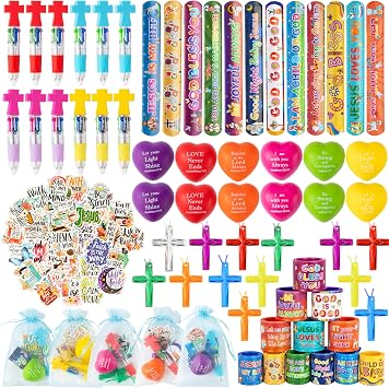 CY2SIDE Christian Party Favors for Kids - 12 Set Christian Bible Verse Squeeze Toy Party Gifts with Cross Necklace Sticker Slap Bracelet Pen Goodie Bag Stuffers for VBS Sunday School Classroom Rewards