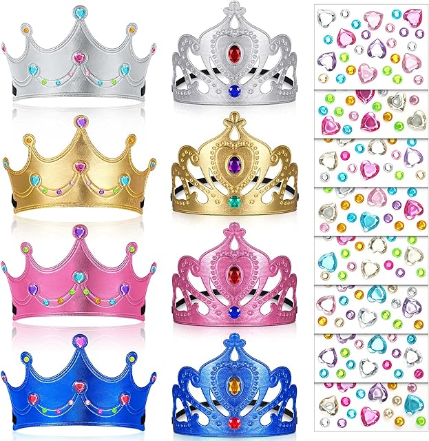 16 Pieces Foam Crowns Set for Kids Including 8 Pieces Princess Tiaras and Crowns 8 Pieces Crystal Diamond Sticker Kids Birthday Party DIY Your Own Princess Queen Tiaras Prince King Crowns