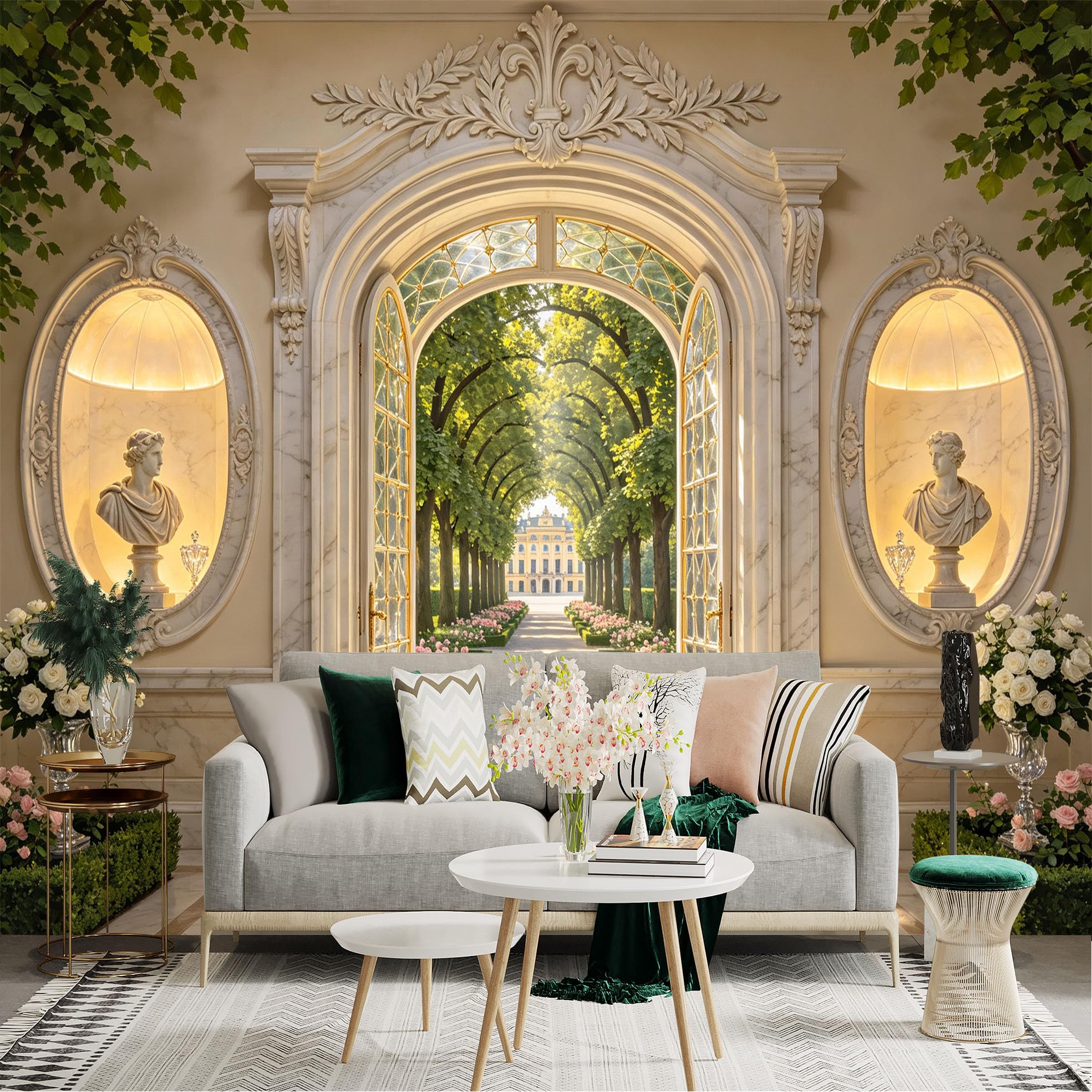 Lnzczhyre Bh260719238 Custom Size Wall Sticker Mural， Elegant Marble Archway With European Palace Garden View， For Wall Decoration， Peelandstick Wall Decals.