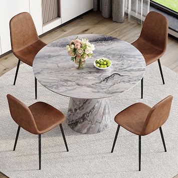 Round Dining Table Set for 4,45 Faux Marble Dining Room Table Set for 4 with Upholstered Chairs,Modern Round Dining Room Table Set for Kitchen,Dining Room