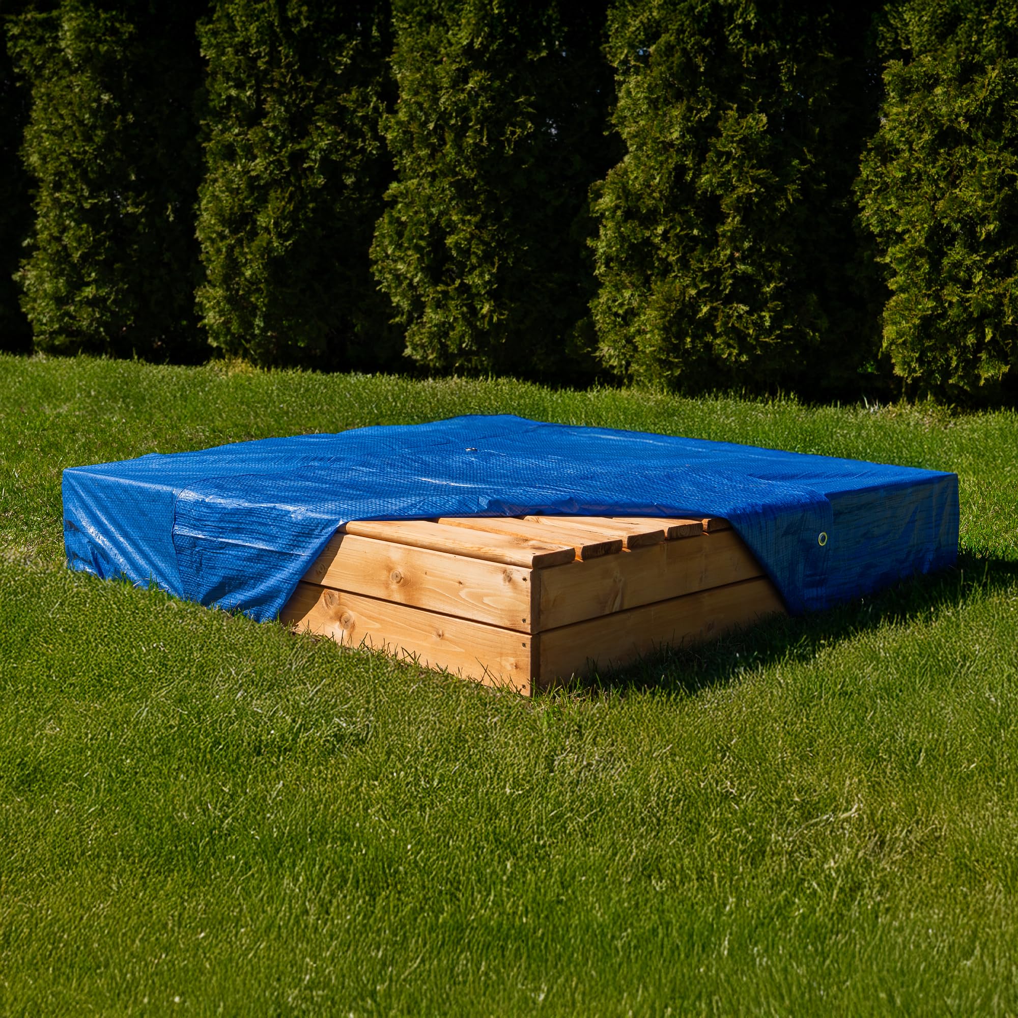 MAMOI Sandbox con coperchio 120 x 120 cm, cassetta di sabbia impregnata con panche in legno, copertura per panchine 150 x 150 cm
