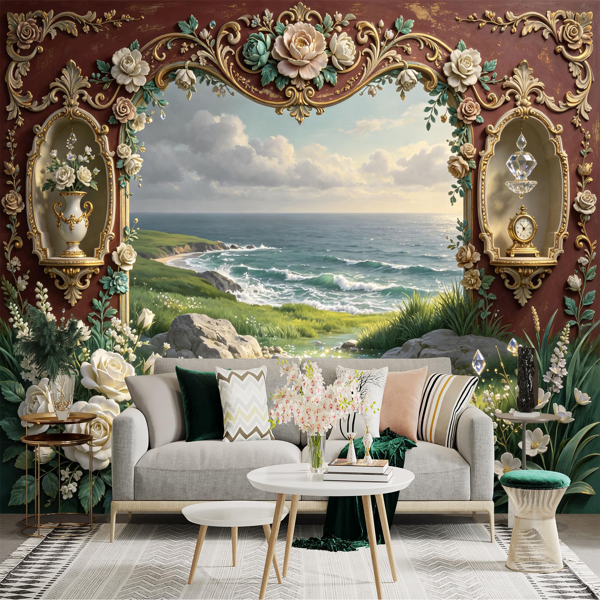 Lnzczhyre Bh260719495 Custom Size Wall Sticker Mural， Baroque Floral Window Frame， Coastal Ocean View， Antique Vase And Clock Decor， For Wall Decoration， Peelandstick Wall Decals.