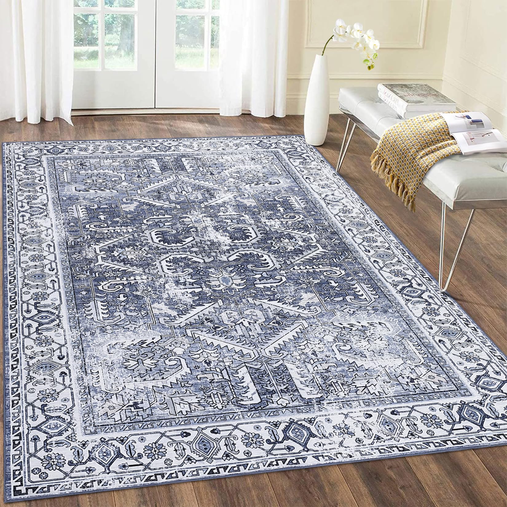 Large Rug 8x10 Machine Washable Area Rug Vintage Distressed Rug Print Carpet Non Slip Rugs Low Pile Thin Rug for Home Decor Office Dining Room, Blue/Grey