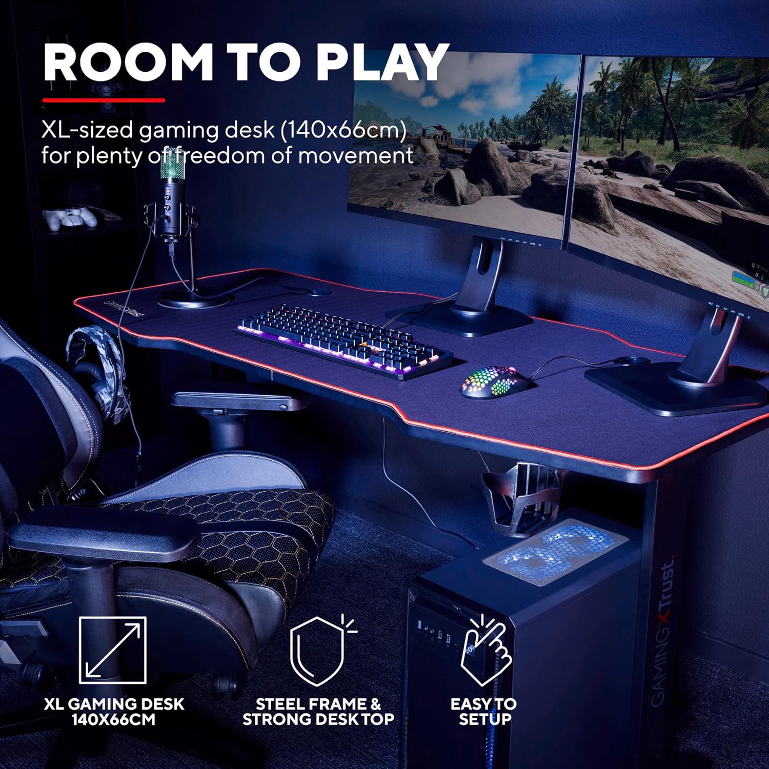 Trust Gaming Scrivania XL 140 x 66 cm GXT 1175 Imperius, Grande Tavolo Gaming con Sistema di Gestione dei Cavi, Supporto Cuffie e Portabicchiere, per Computer, PC, Ufficio - Nero Imperius 140 x 66 cm - Immagine 2