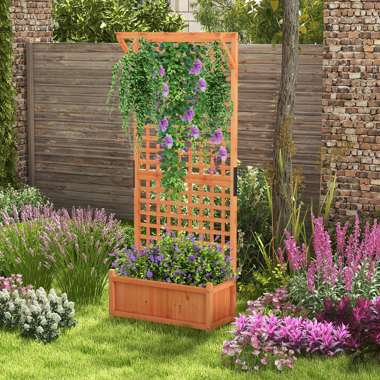 GOPLUS Blumenkasten mit Rankgitter, Pflanzkasten Holz mit Dach & Sichtschutz, Hochbeet mit Spalier für Kletterpflanzen, Gartenbeet mit Drainagelöchern, Pflanzkübel für Balkon & Garten, 75x33x183 cm