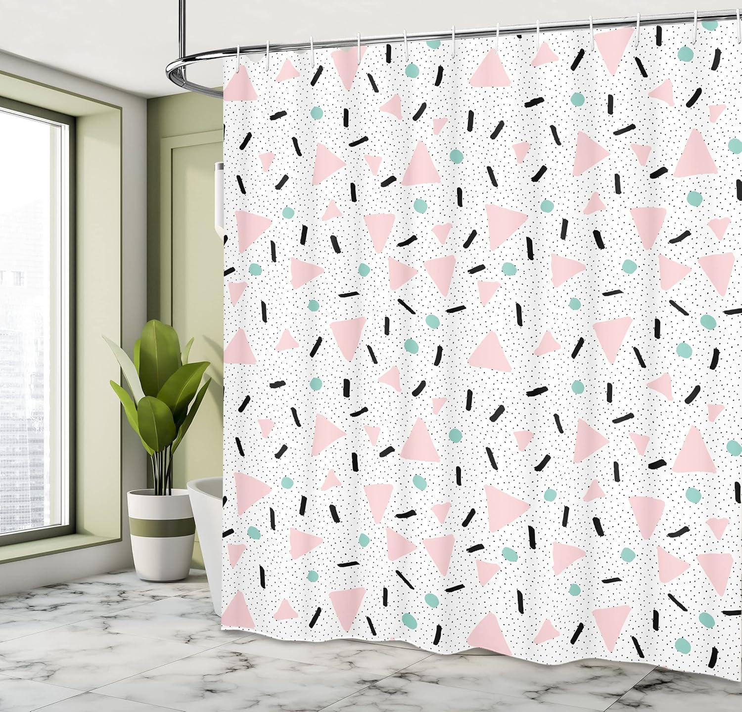 Ambesonne Retro Shower Curtain, Large Triangles and Circles Polka Dots Lines Fun Pattern Print, Cloth Fabric Bathroom Decor Set with Hooks, 69" W x 70" L, Pale Pink Teal Black