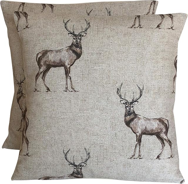 CUSHIONS2U Pack Of Two 2 x 16 (40cm x 40cm) Fryetts Stag Natural Beige Brown Cream Cotton Cushion Covers