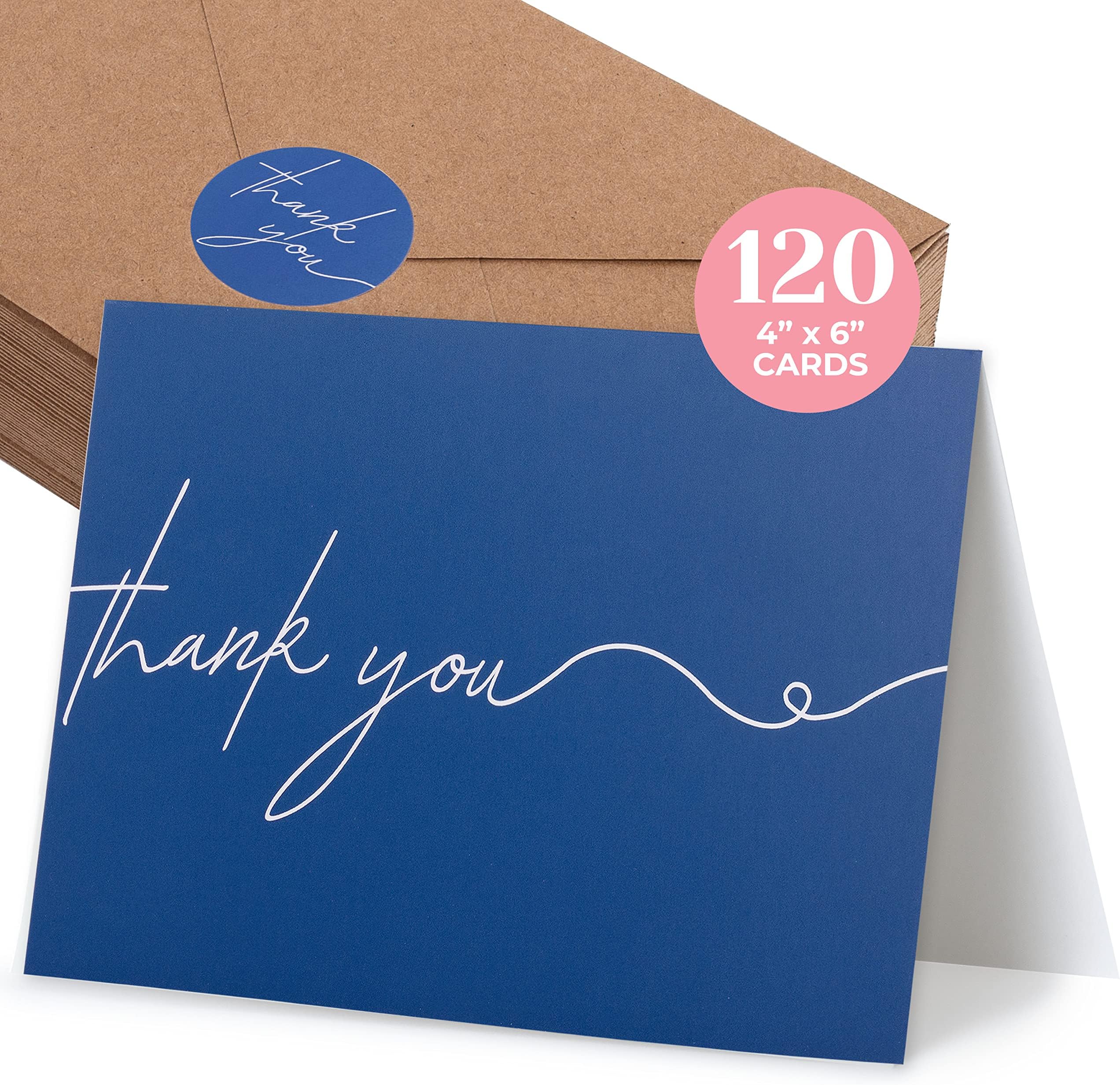 Durabasics 120 Heavyweight Blank Thank You Cards with Envelopes & Stickers, Premium Thank You Notes with Envelopes Set, Bulk, Classic Navy Blue Bulk Pack (4 x 6 Inches) (120 Pack)