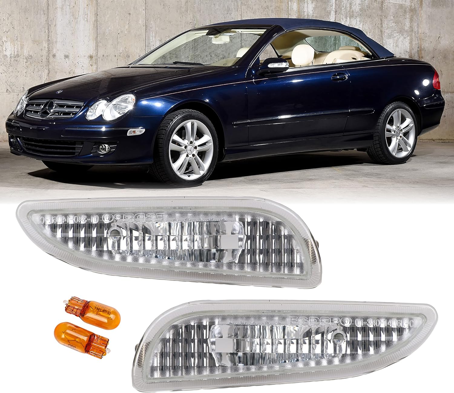 USR DEPO 03-07 W209 CLK Class Crystal Clear Bumper Side Marker Light Assembly Set (Left + Right) Compatible for 2003-2007 Mercedes Benz W209 CLK-Class