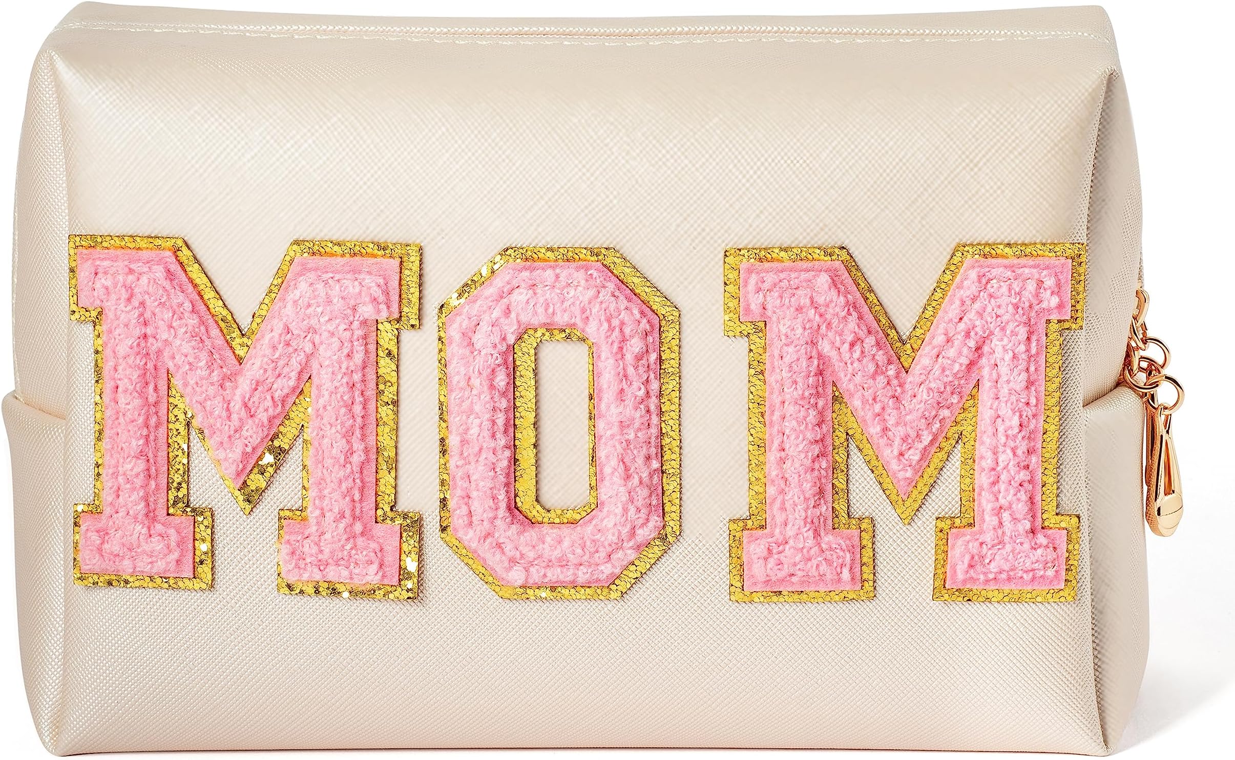 Y1tvei Graduation Gifts for Her - Preppy Makeup Bag Birthday Gifts for Women Patch Varsity Felt Series Letter Cosmetic Toiletry Bag PU Leather Makeup Bag Zipper Pouch Waterproof Organizer Daily Travel