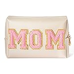 Y1tvei Preppy Patch MOM Varsity Letter Cosmetic Toiletry Bag PU Leather Portable Waterproof Makeup Bag Zipper Pouch Purse Travel Organizer Mama to Be Gift for Mom Birthday Mother\'s Day Baby Shower