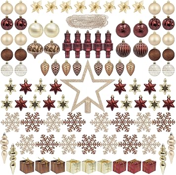ITART 101pcs Christmas Tree Ornaments Assortment Burgundy Brown Champagne Gold Including Star Tree Topper Balls Nutcracker Figurines Snowflakes Poinsettia Flowers Bead Garland for Christmas Tree Decor