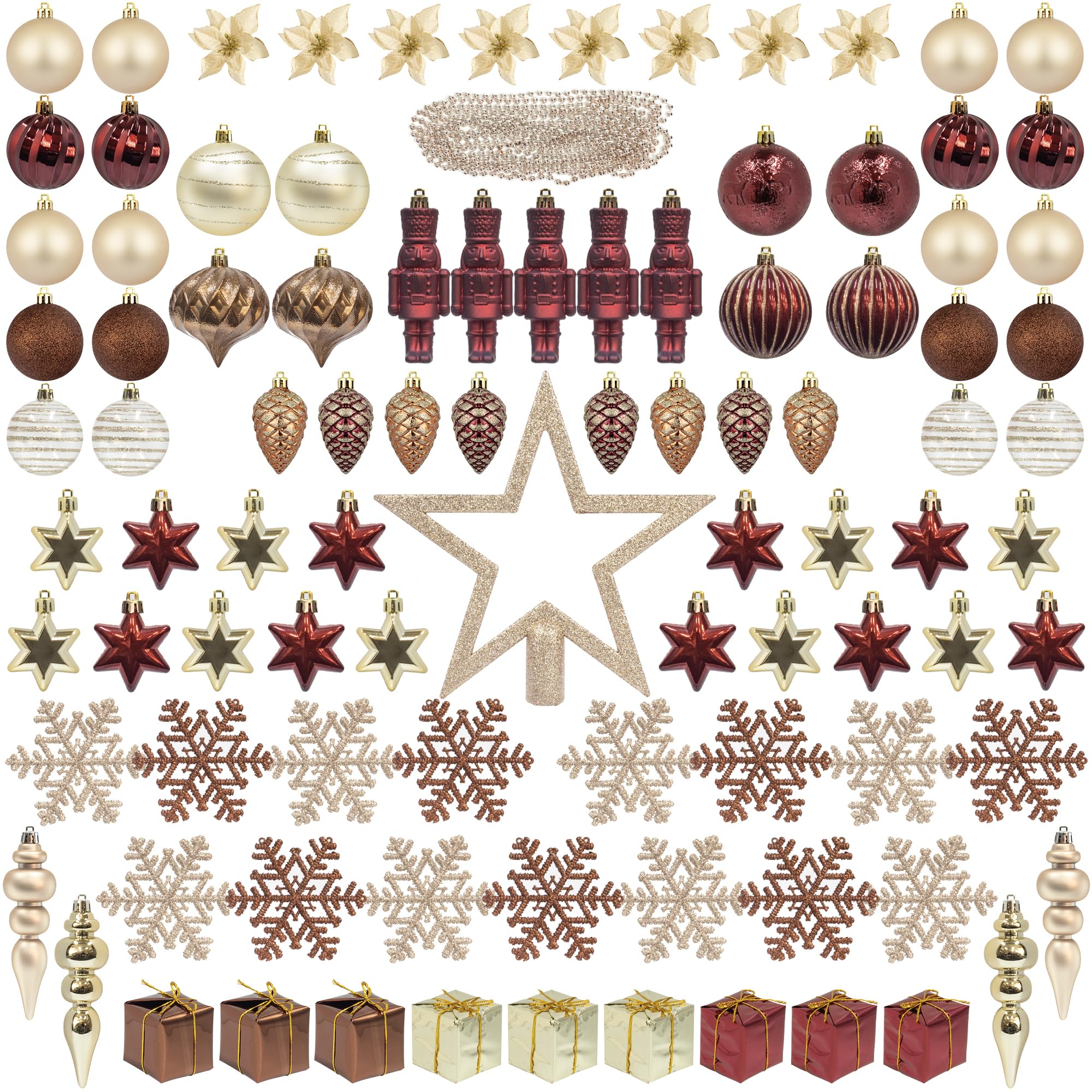 ITART 101pcs Christmas Tree Ornaments Assortment Including Star Tree Topper Baubles Snowflakes Pine Cone Nutcracker Figurines Poinsettia Beads Garlands (Red Brown and Champagne)