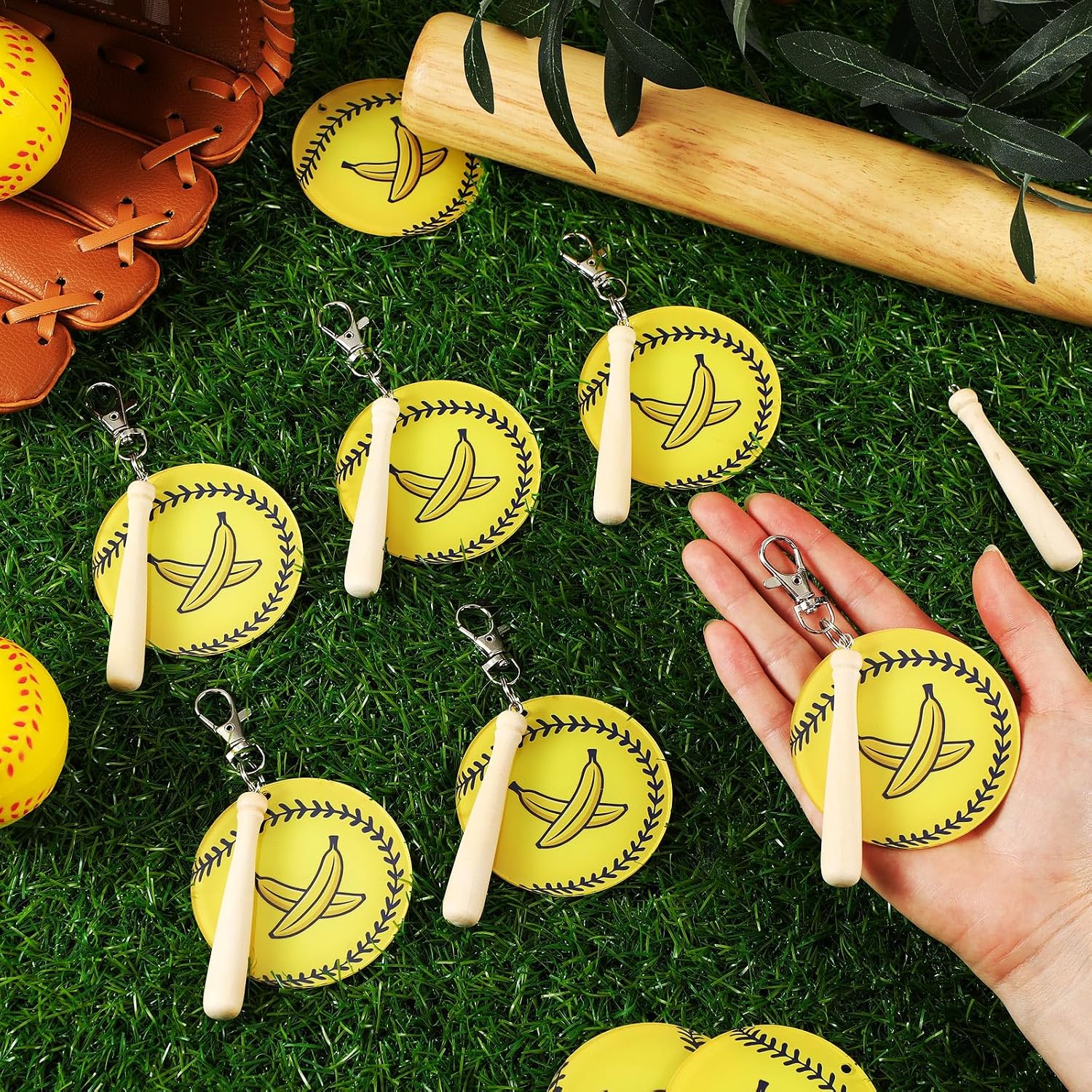 12 Sets Banana Pattern for Team Baseball Acrylic Keychains Gifts Bulk Funny Banana Pattern Keychains with Mini Wooden Bat Charms for Baseball Lovers Sports Fan Party Birthday Party Favors image 4