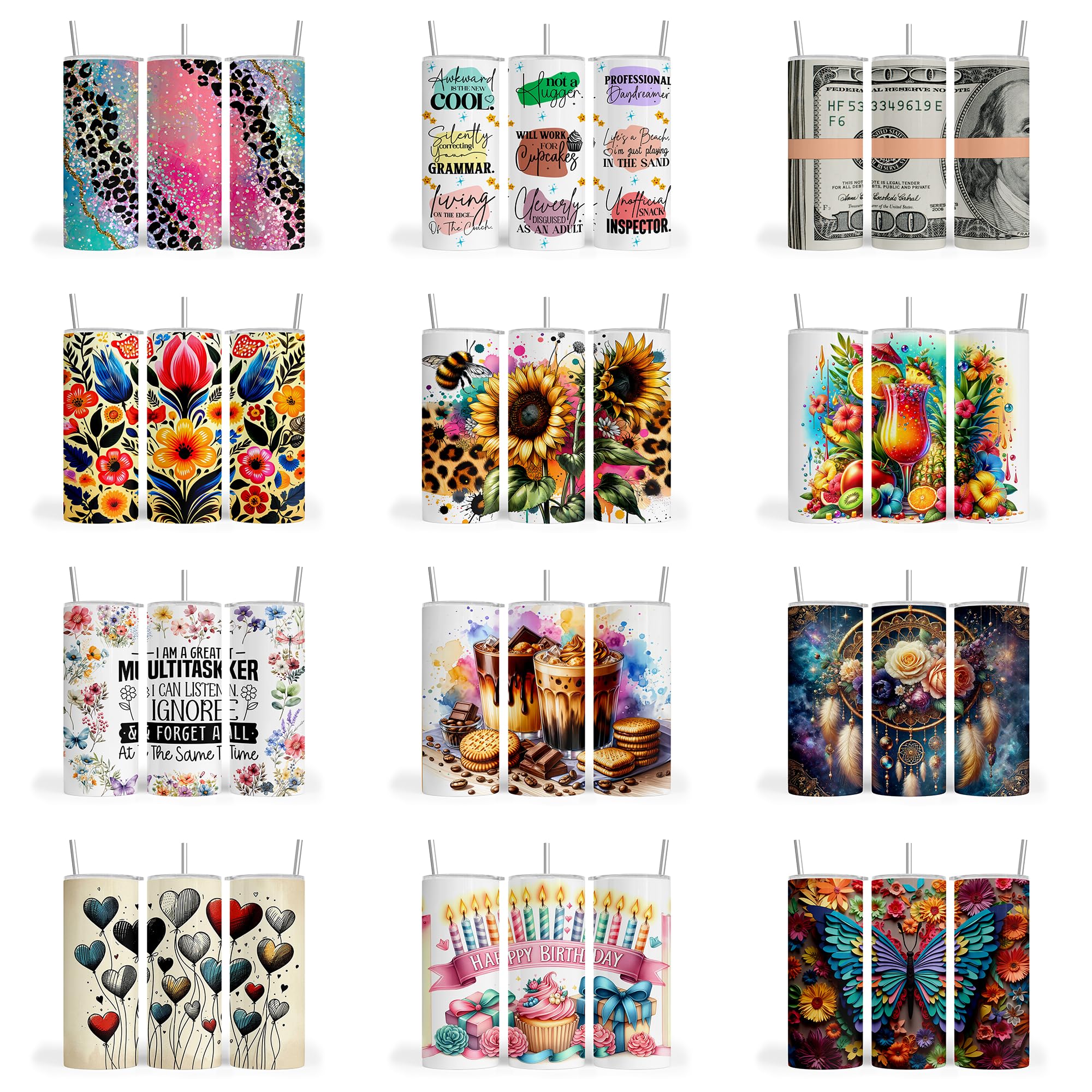 50 pc. Bundle Variety Pack, Tumbler Sublimation Wrap, Tumbler Transfer, Ready to Press Sublimation Transfer - 20 oz Straight Tumbler, Skinny Tumbler -RTP. 304