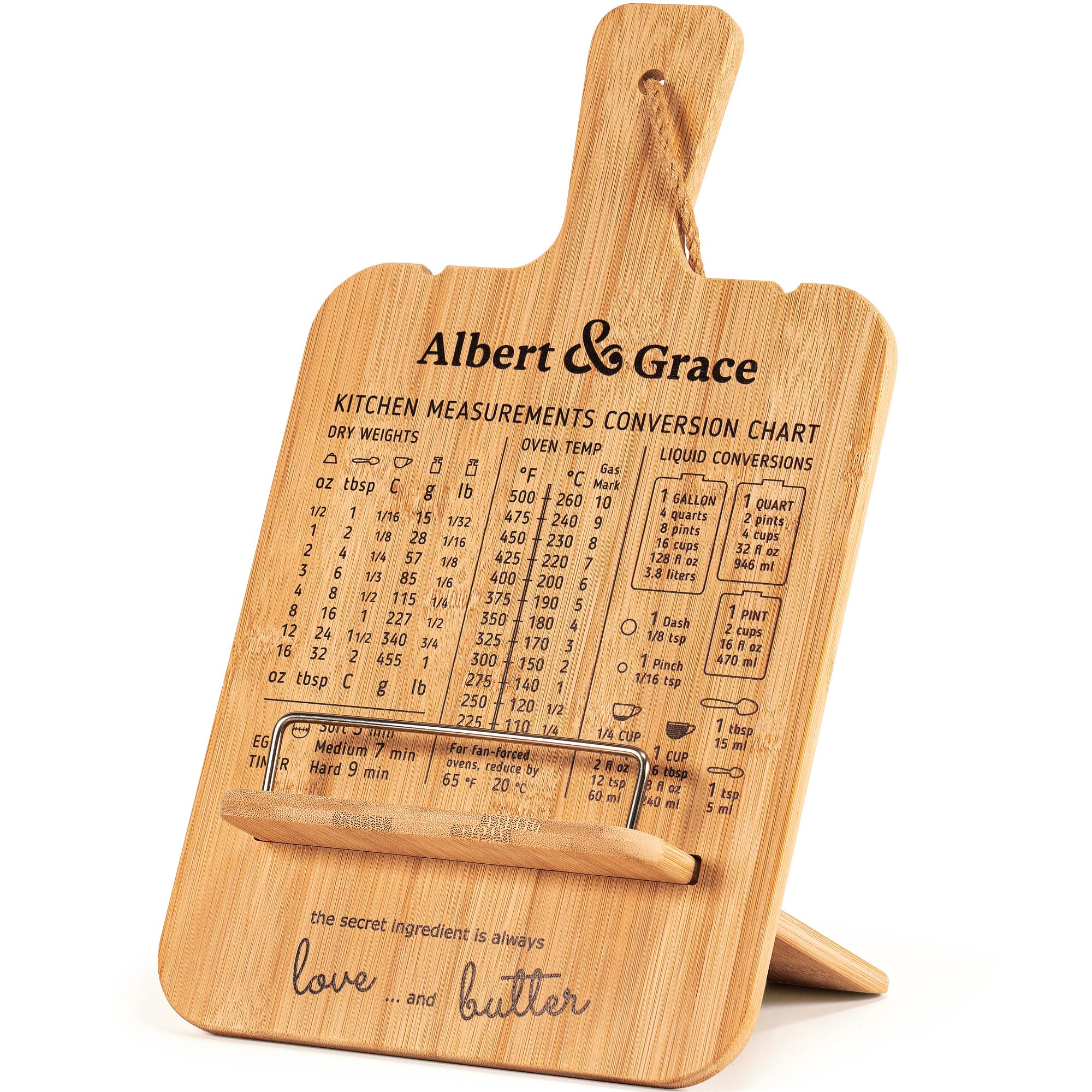 Albert&Grace Adjustable Bamboo Cookbook Stand with Conversion Chart - Recipe Book Holder for Kitchen Counter, Large Wooden Stand for Cookbooks, Tablets, & iPads