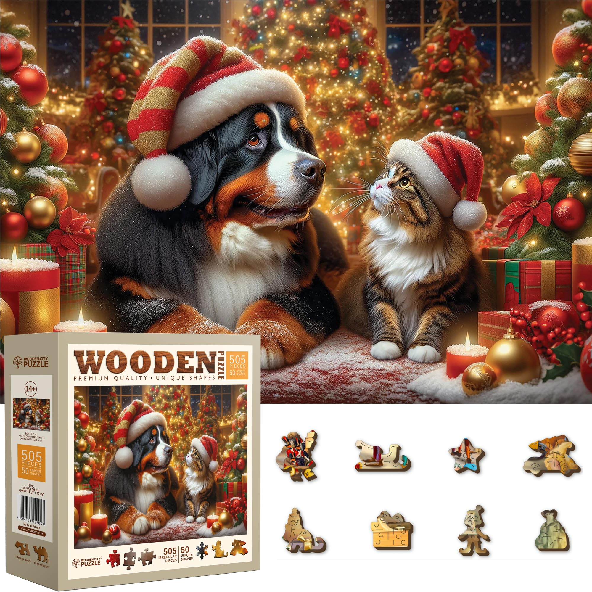 WOODEN.CITY Rompecabezas de Madera de 500 Piezas – Escena Navideña “Perro y Gato Navideños”, 50 Figuras Únicas, Corte Láser de Alta Precisión, Decoración de Temporada