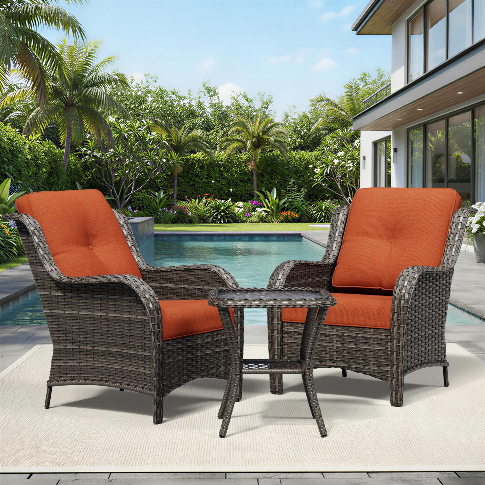Joyside 3 Piece Wicker Patio Furniture Set, Rattan Patio Chairs with High Back, Deep Seating, Wide Armrest, Thickened Cushions, Outdoor Furniture for Deck, Porch Use
