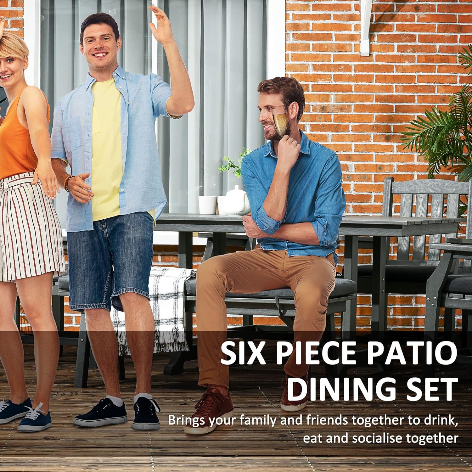 HDPA 6-Piece Patio Set: Rectangular Table, 4 Slatted Chairs, Loveseat Bench, Umbrella Hole, Quick-Dry Cushions, Dark Gray