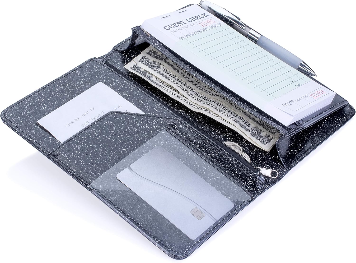 Sonic Server 5x8 Glitter Server Book Organizer with Magnetic Pocket, Zipper Pouch & Pen Holder for Waitress Waiter Waitstaff | Fits Apron Guest Checks Order Pad | Black
