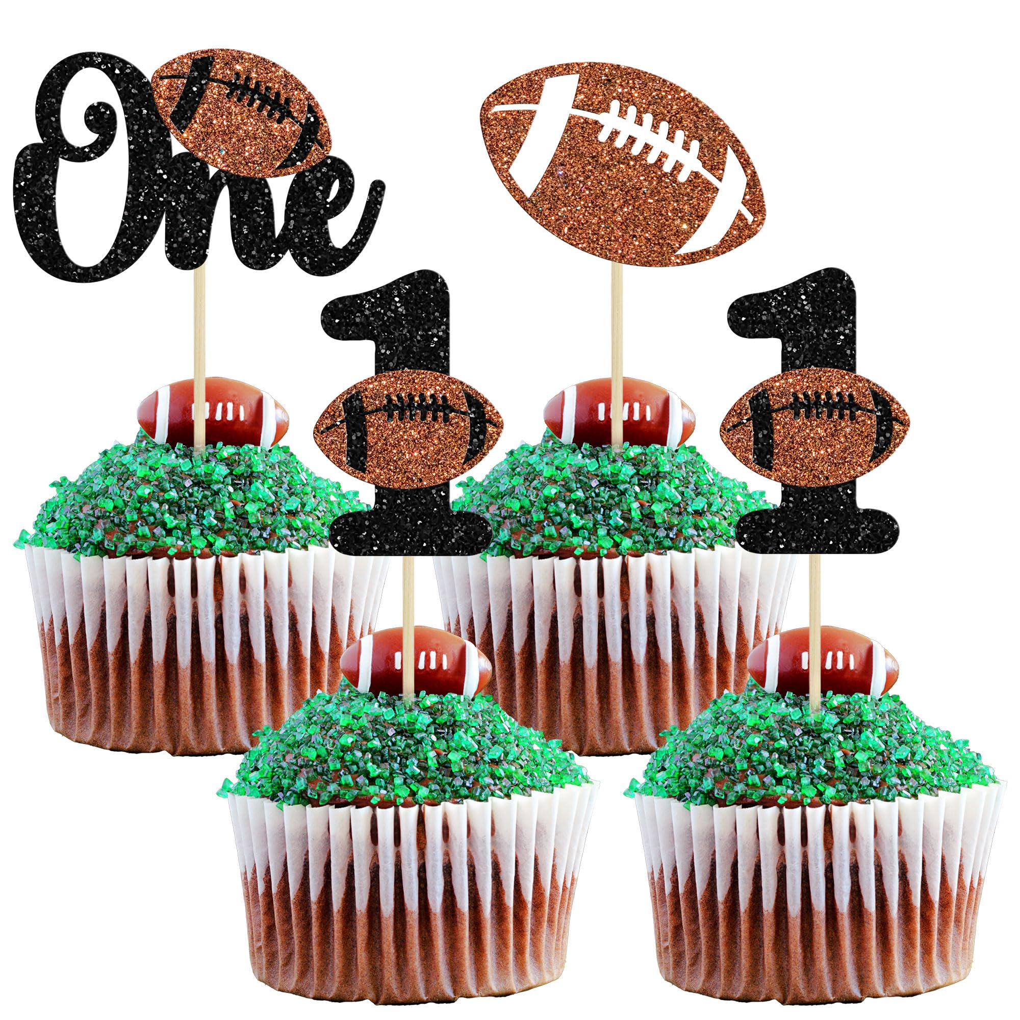 24Pcs Rugby 1st Birthday Cupcake Toppers Glitter First Birthday American Football One Cupcake Picks Decorations for Rugby Sports Theme Baby Shower
