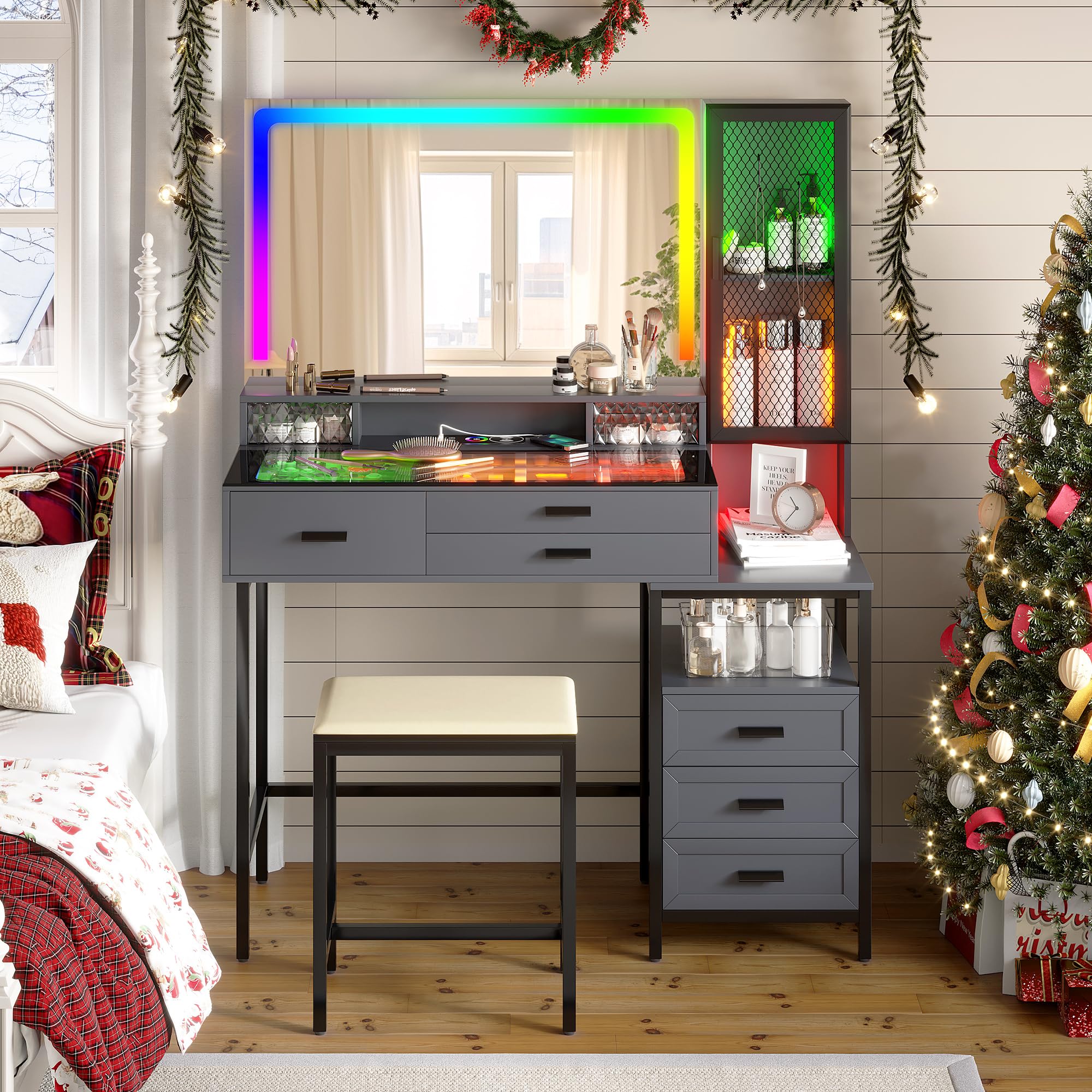 Lvifur Schminktisch Mit Spiegel und Led Beleuchtung für Schlafzimmer,RGB 24 Licht Schminktische mit 6 Schublade und Kabellosem Laden für Wohnzimmer