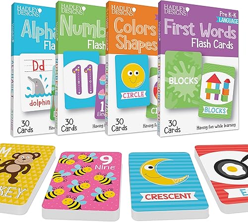 Hadley Designs 120 tarjetas flash para niños pequeños de 2 a 4 años, letras del alfabeto ABC, colores y formas, 1-100 números matemáticos, palabras