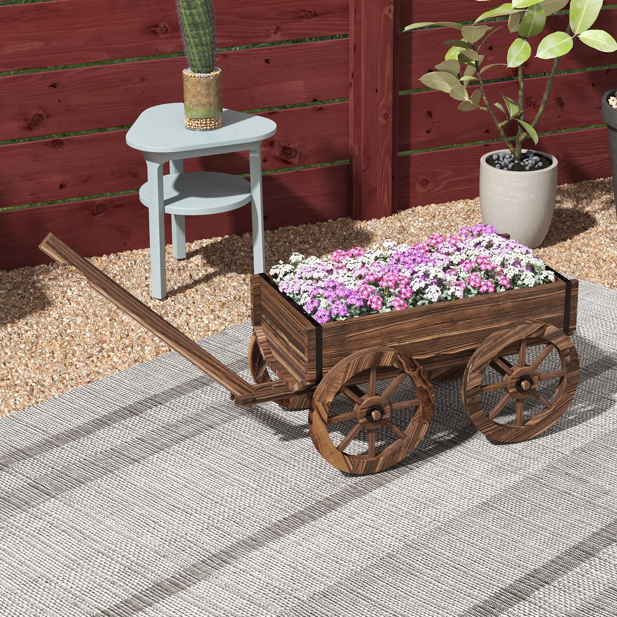 Outsunny Jardinera de Madera Exterior Carrito 120x41x54 cm Carbonizado | Macetero en Forma de Carrito, 4 Ruedas, Mango, para Balcón Jardín Patio