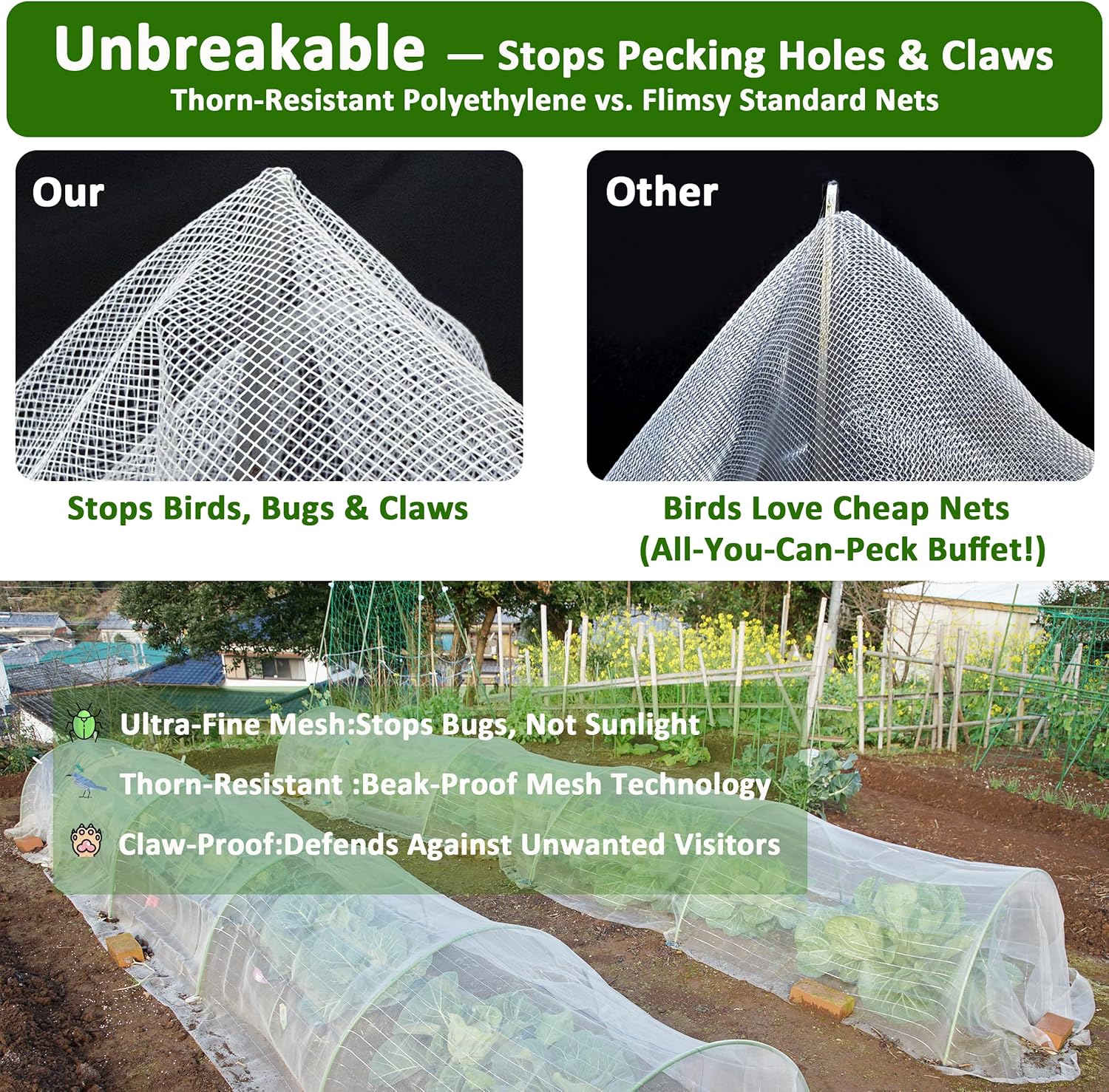 Garden Netting 10x33Ft Mesh-Locking Technology Plants Cover Thicker Durable Ultra Fine Mesh Netting Pest Barrier Protection