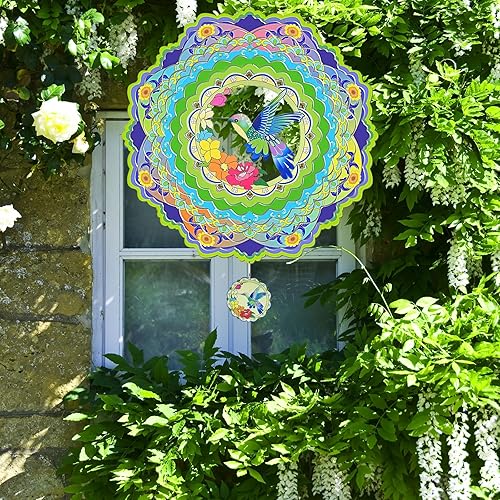 Miniatura 2 de Molinillos de viento colgantes de colibrí, molinillo de viento 3D, escultura de viento de metal de 12 pulgadas, atrapa viento de acero inoxidable