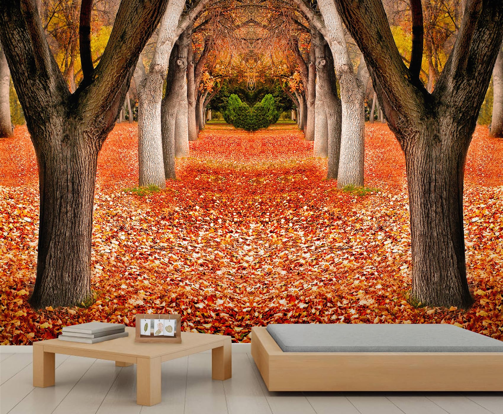 Maple Forest Mural Autumn Orange Leaved Trees Mural Wallpaper Fallen Leaf Trail Wall Murals Park Landscape Wallpaper for Bedroom Dining Room Office 250 x 175 cm