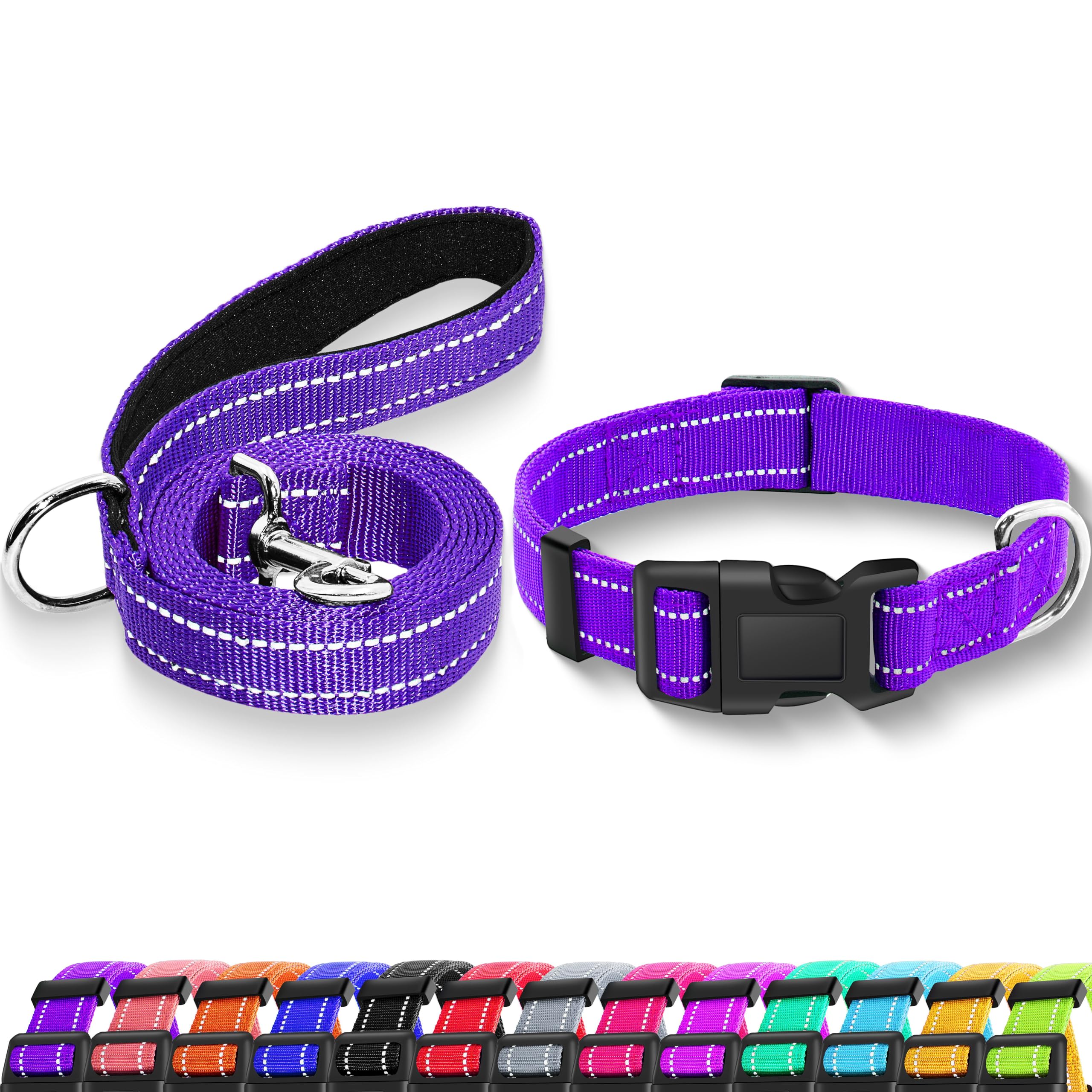 Maiiu Reflective Dog Collar with Safety Locking Buckle, Adjustable Soft Breathable Nylon Collars for Small, Medium and Large Dogs(Collar+Leash L