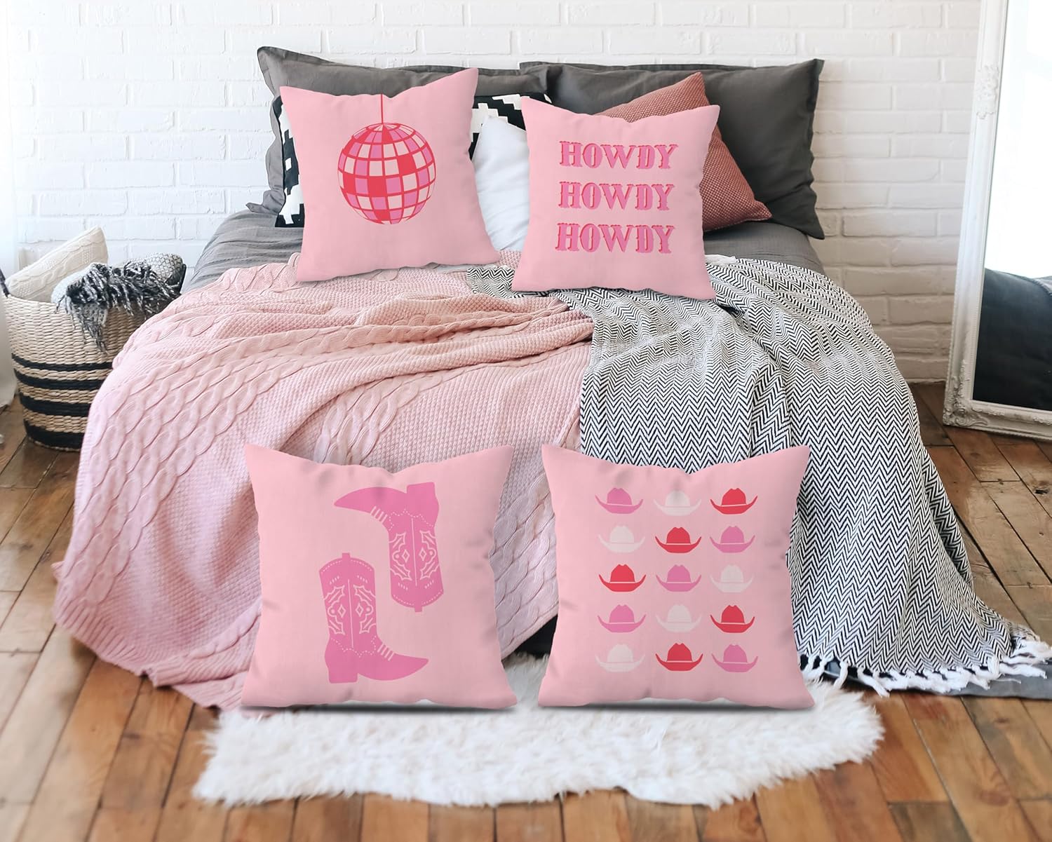 Hot Pink Preppy Howdy Western Cowgirl Boot Hat Disco Ball Decorative Throw Pillow Covers,Preppy Pillow Case Covers for Home Preppy Room Dorm Decor,Teen Girls Gifts,18×18 Inch Set of 4