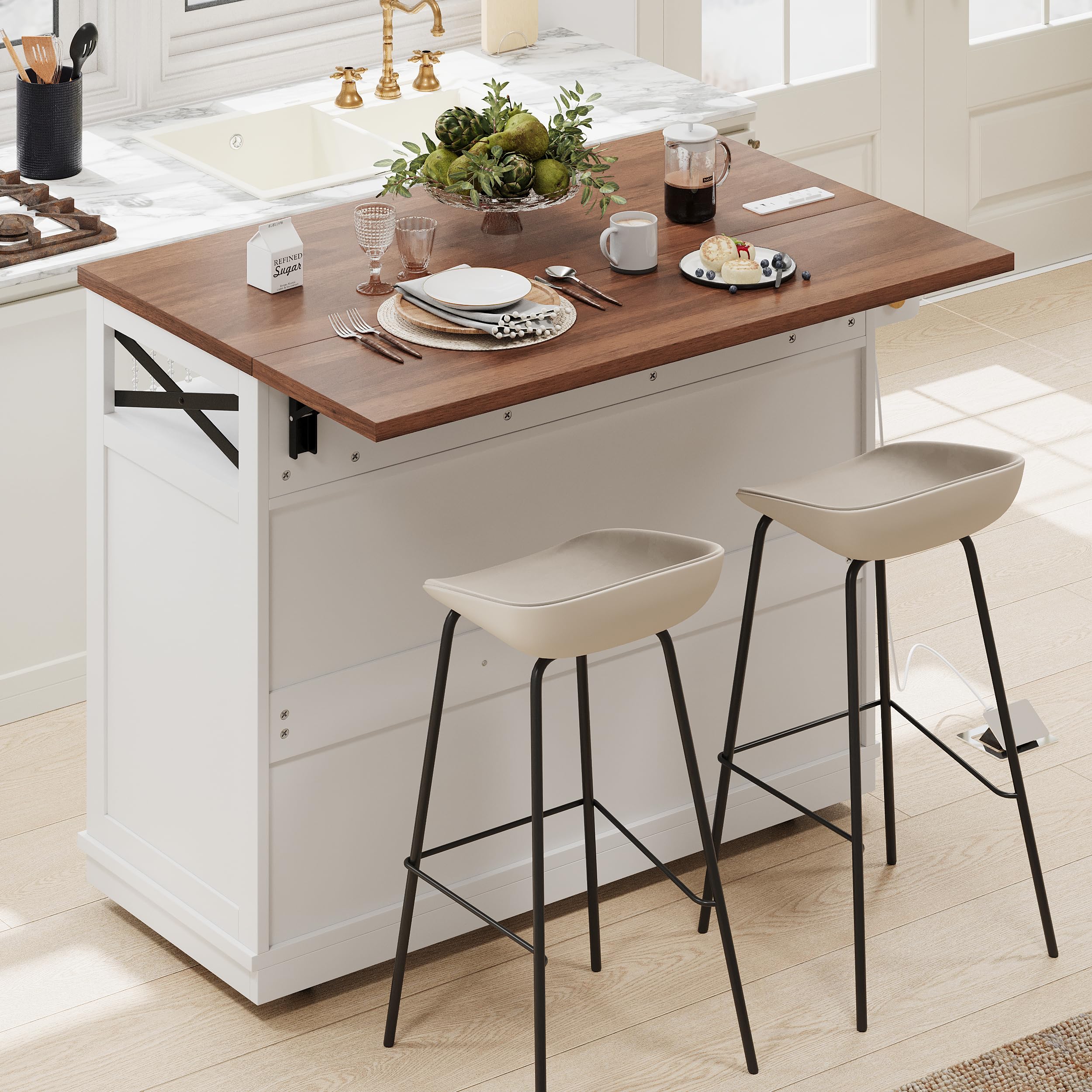 Condition photo showing New/Like New for merax 46.5'' farmhouse kitchen island with drape of beads, power outlet, rolling kitchen cart on wheels with drop leaf, 3 doors, 3 drawers and internal iron shelf, for kitchen, dining room, white