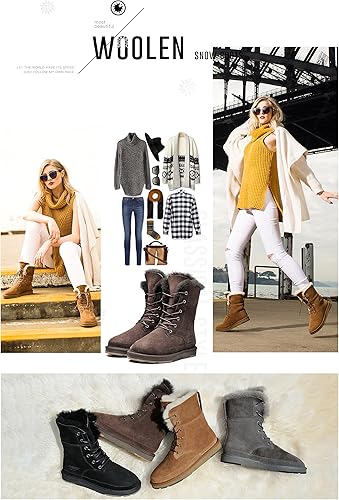 Miniatura 5 de AU&MU Aumu - Botas de invierno para mujer de cuero con forro de lana, clásicas, con cordones, a media pantorrilla, planas, con pelo, para nieve