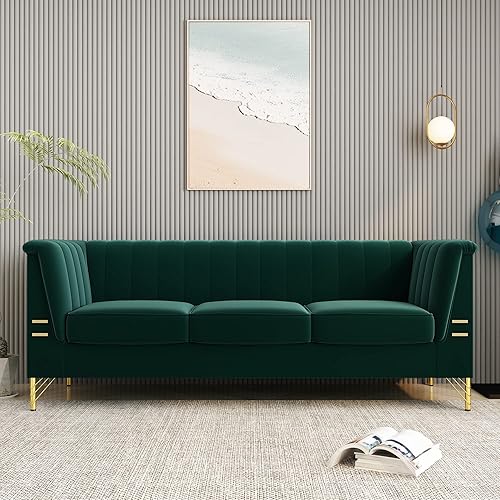 Miniatura 8 de Sofá de terciopelo verde de 83.46 pulgadas de ancho con patas metálicas doradas, sofá tapizado de brazo alto de 3 plazas para sala de estar,