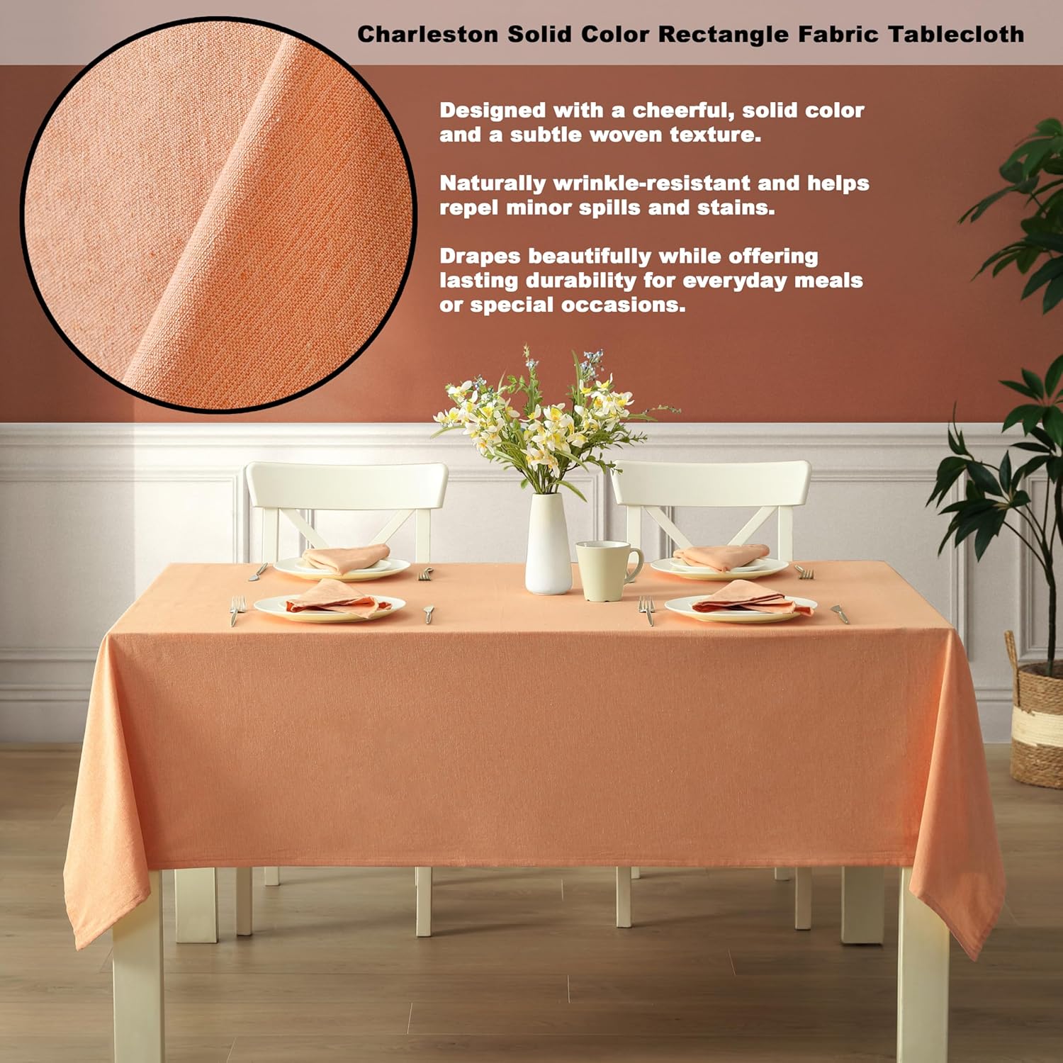 Home Bargains Plus Charleston Kankambram Orange 60 x 84 inch Rectangle Fabric Tablecloth, Cotton Table Cover for Indoor Outdoor Dining, Machine Washable Solid Color Tablecloths for Everyday Use