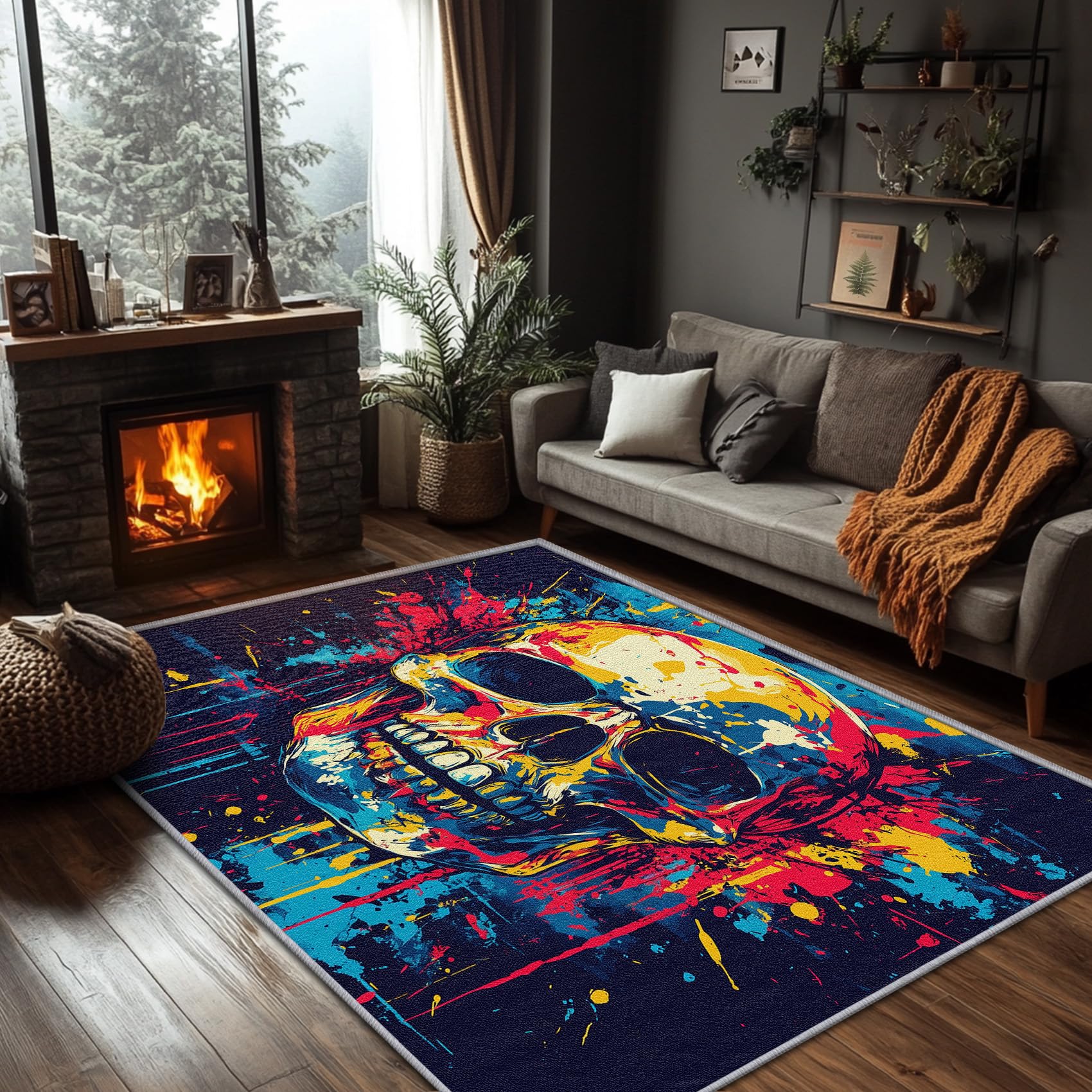 SherAvant Skull Rugs for Kitchen Floor - 4x6 Rug - Skull Rug - Colorful Splatter Skeleton Area Rug - Pop Art Vibrant Skull Rugs - Abstract Edgy Decor